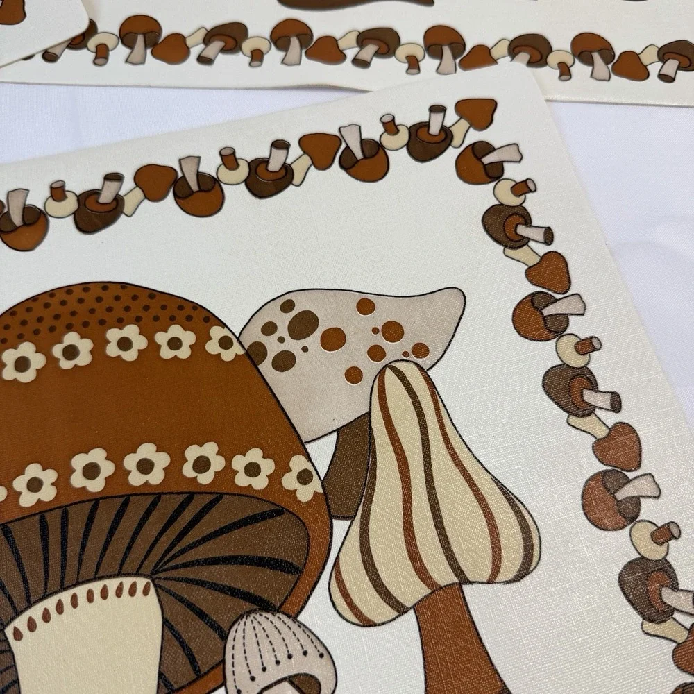 Vintage MOD Brown Mushroom Butterfly Vinyl Foam Placemat 70s Retro Lot of 4 MCM